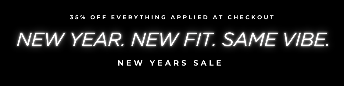Black banner with white text promoting a New Year's sale with 35% off everything applied at checkout.